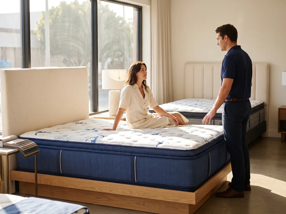 A shopper comparing a navy pillow-top mattress with a consultant in an illustrative showroom setting