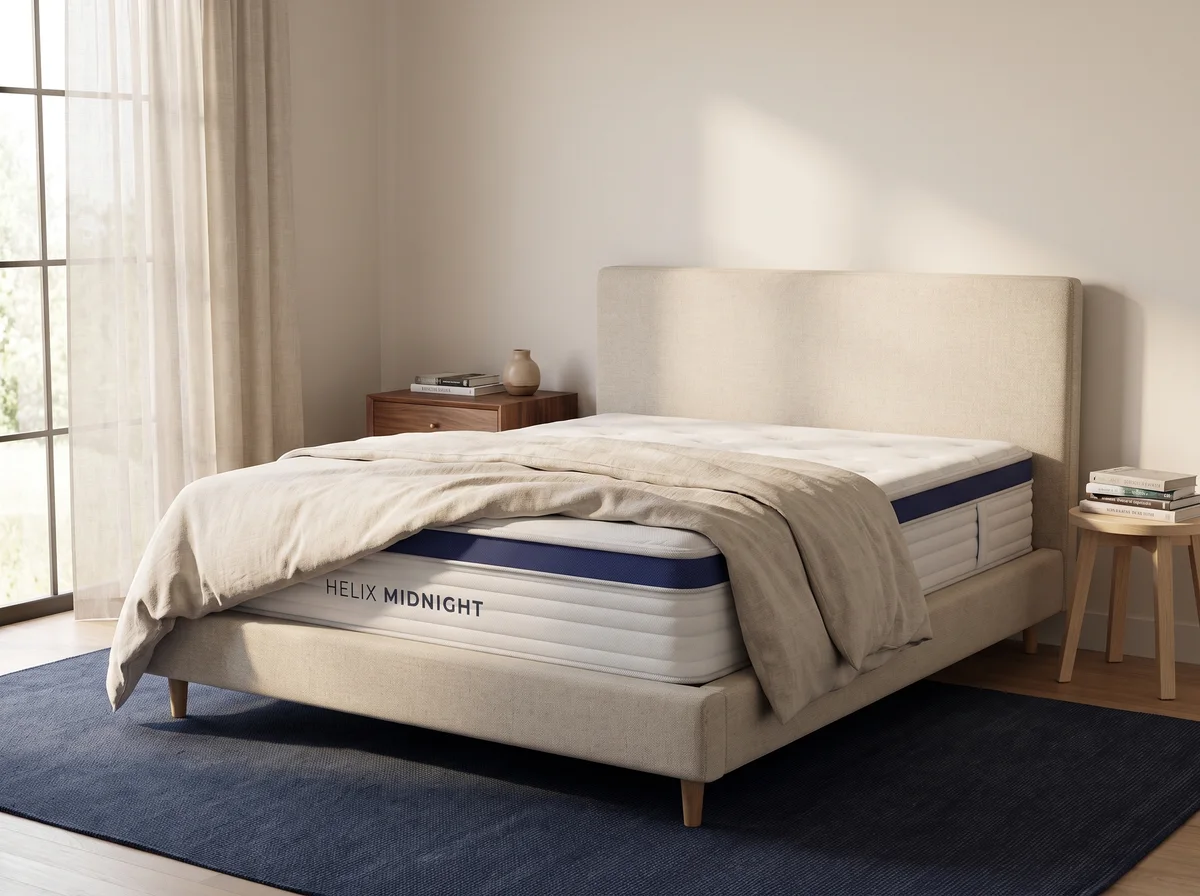 Helix Midnight in a cream, oak and navy bedroom