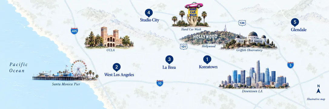 Illustrative Los Angeles map with Santa Monica Pier, UCLA, Hollywood, Griffith Observatory, Downtown LA and Studio City Hand Car Wash. Five showroom pins have matching buttons.