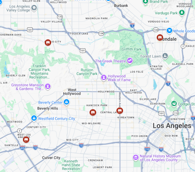 Map showing all 5 LA Mattress Store locations across Los Angeles