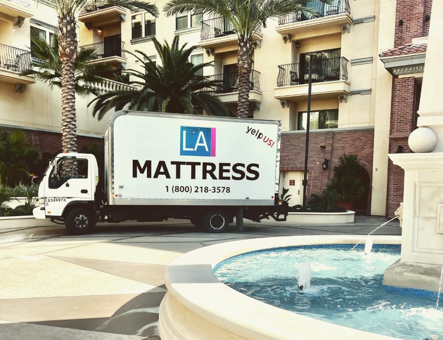LA Mattress Stores branded delivery truck providing free local delivery in Koreatown and Los Angeles